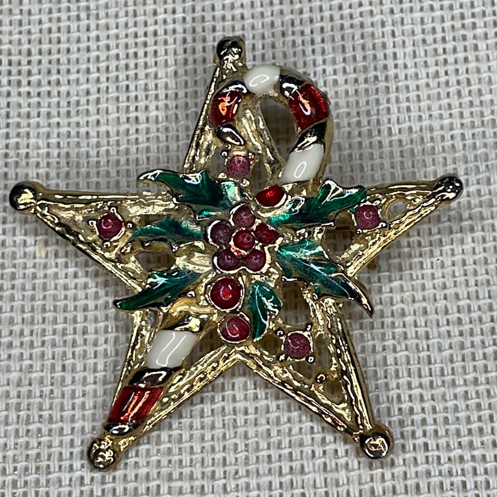 Vintage Christmas Star Holly Candy Cane Pin Brooch